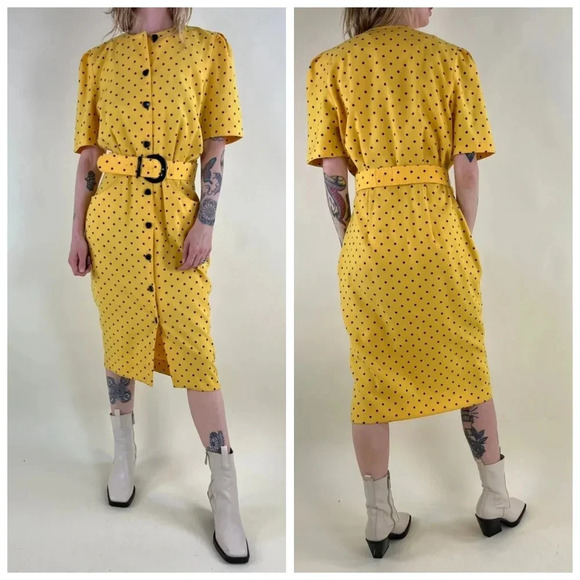 Jessica Dresses & Skirts - 80s Belted Puff Sleeve  Polka Dot Dress by Jessica Approx L* Yellow/Black